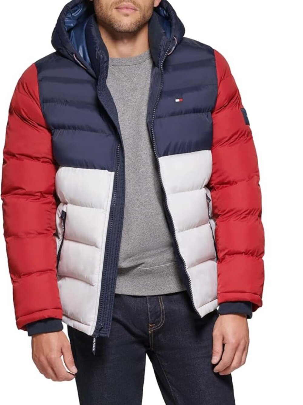 Tommy Hilfiger Men's Hooded Puffer Jacket, Size Large, Color Navy/Red/Ice